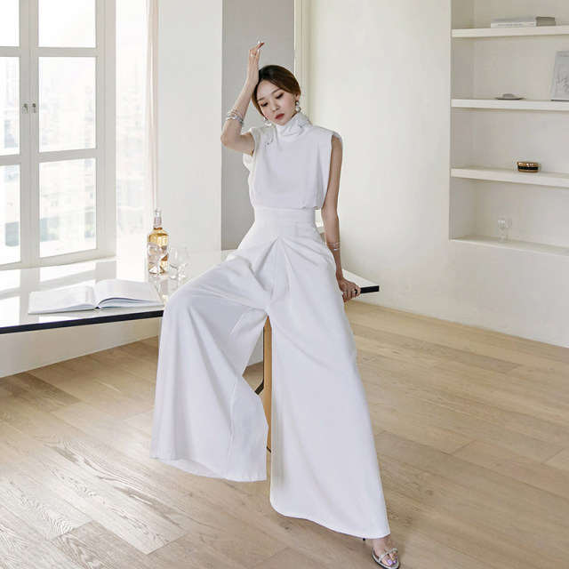 High-end light luxury jumpsuit foreign temperament thin section wide-leg pants women's one-piece long pants summer tall tall white sleeveless