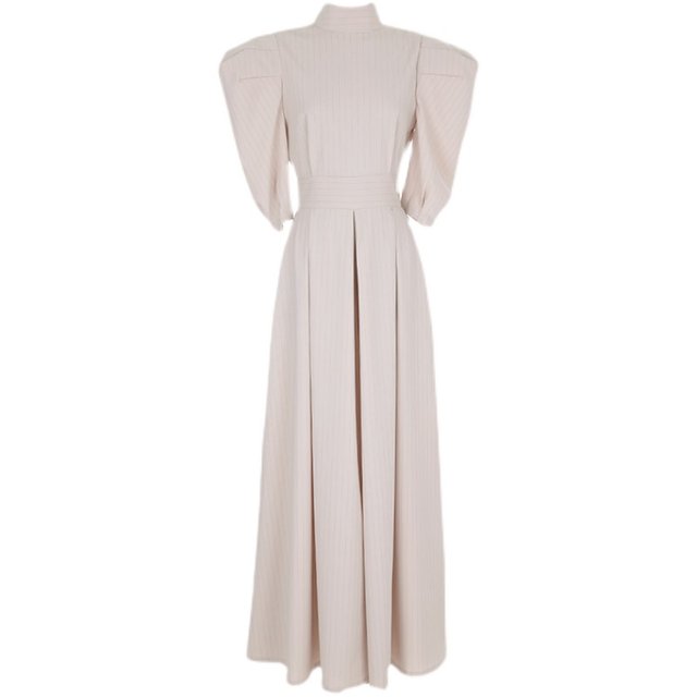 Long-sleeved beige 2023 spring temperament jumpsuit strip slim puff sleeve jumpsuit advanced wide-leg jumpsuit women