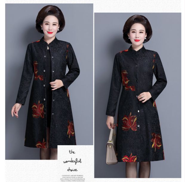 Áo bà bầu mùa xuân và mùa thu ren thêu áo gió nữ trung niên qua đầu gối áo choàng dài cỡ lớn áo choàng nữ quần áo nữ trung niên