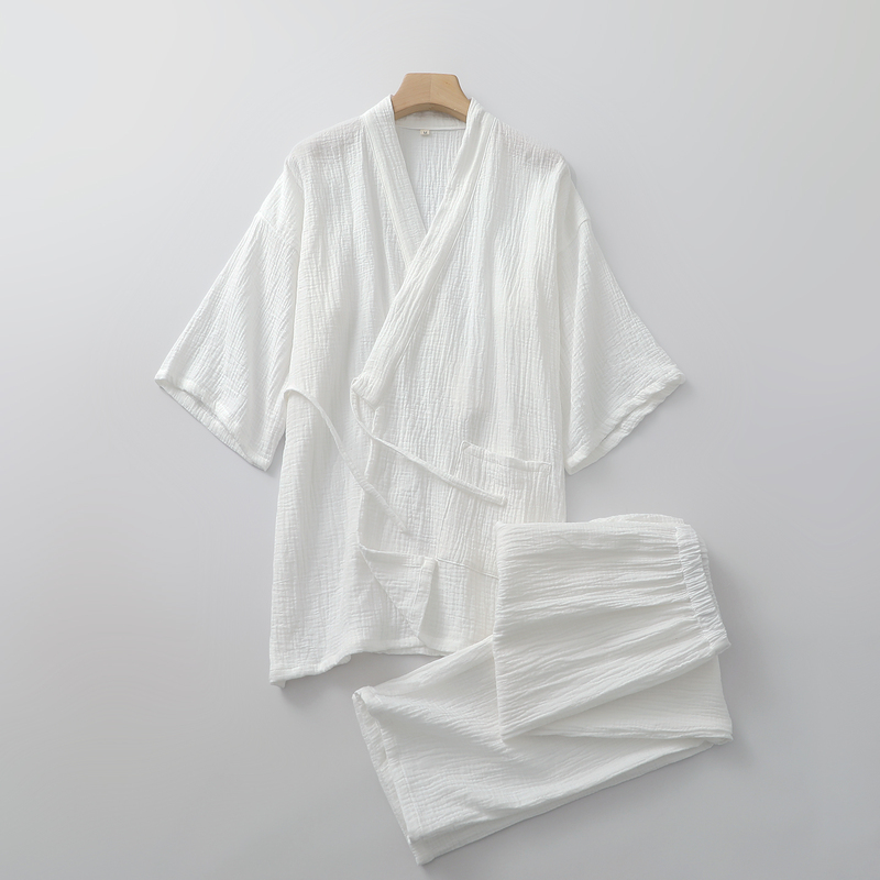 Elegant White Chinese-Style Hanfu Pajamas for Men and Women, Pure Cotton Gauze, 7/8 Sleeves, Long Pants, Spring and Summer Drawstring Loungewear Two-Piece Set Elegant White Chinese-Style Hanfu Pajamas for Men and Women, Pure Cotton Gauze, 7/8 Sleeves, Long Pants, Spring and Summer Drawstring Loungewear Two-Piece Set