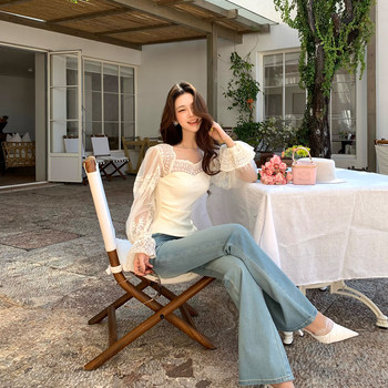 Li tianmi ຂອງ muzi li's li tianmi hollow lace splicing lantern sleeve knitted top slim-fitting jeans bootleg suit summer