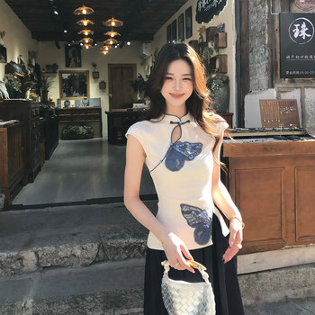Li xin ຂອງ muzi li ຂອງຈີນຢືນຂຶ້ນຄໍ embroidered waist ແຂນສັ້ນ knitted ເທິງ drape satin skirt suit summer