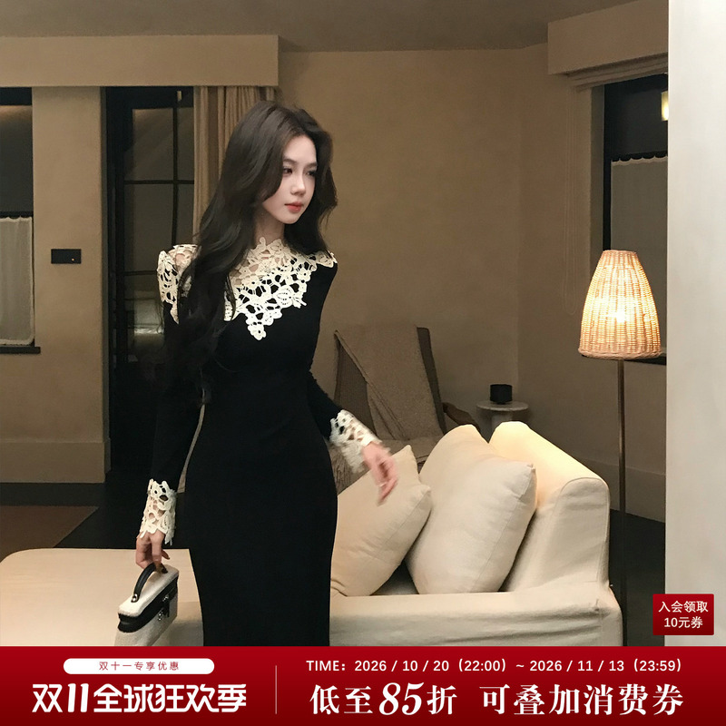 Muzi Li's [Ink White] High-End Black and White Lace Patchwork Long-Sleeve Dress with Hollow-Out Design