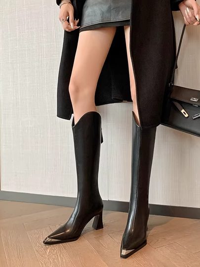 GUDAO 7.5cm时尚牛皮尖头高跟长靴女不过膝显瘦粗跟高筒皮靴子