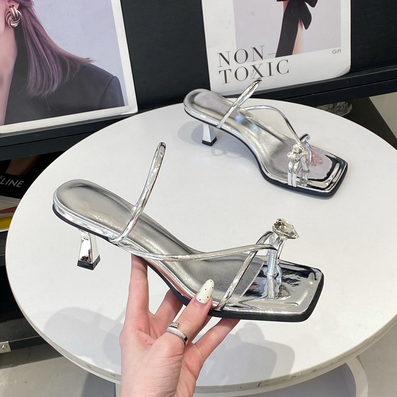 Flip-Flops with Skirt for Women, Summer 2026 New Style, Retro Square Toe, Thin Heel 6cm, Slip-On High Heel Sandals