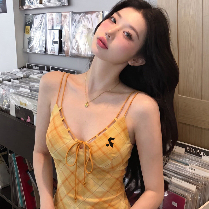 Official Authentic Rr Vephf American Retro Orange Plaid Camisole Women's Summer Slim-Fit Backless Short Top Official Authentic Rr Vephf American Retro Orange Plaid Camisole Women's Summer Slim-Fit Backless Short Top