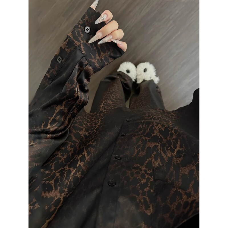 British Cue Kiss Korean-Style High-End Leopard Print Ice Silk Cardigan Pajamas for Women, New Spring and Autumn Large Size Loungewear Set