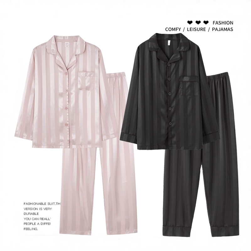 British Cue Kiss Pajamas Couple Set Milk Apricot Women's Silk Men's Spring and Autumn Ice Silk Striped Black Loungewear Real Silk