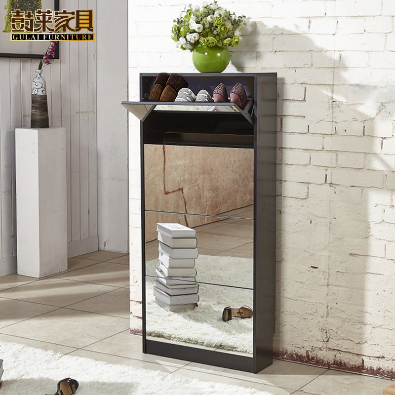 Simple Entrance Door Black Small Shoe Cabinet Mirror Flip Bucket Stairway Down the Xuanguan Cabinet Grey Light Extravagant Ultra Slim Wall Corner Whole Dress