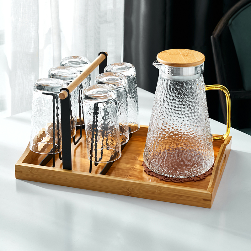 1 Wooden Lid Pot 1 Large Tray 1 Black Cup Holder 6 Transparent Cup & Bottle Mat + Cup Brushhousehold Glass water set suit Simplicity Northern Europe pot  heat-resisting Hammer pattern flower receptacle 6 Only install With tray Cup holder