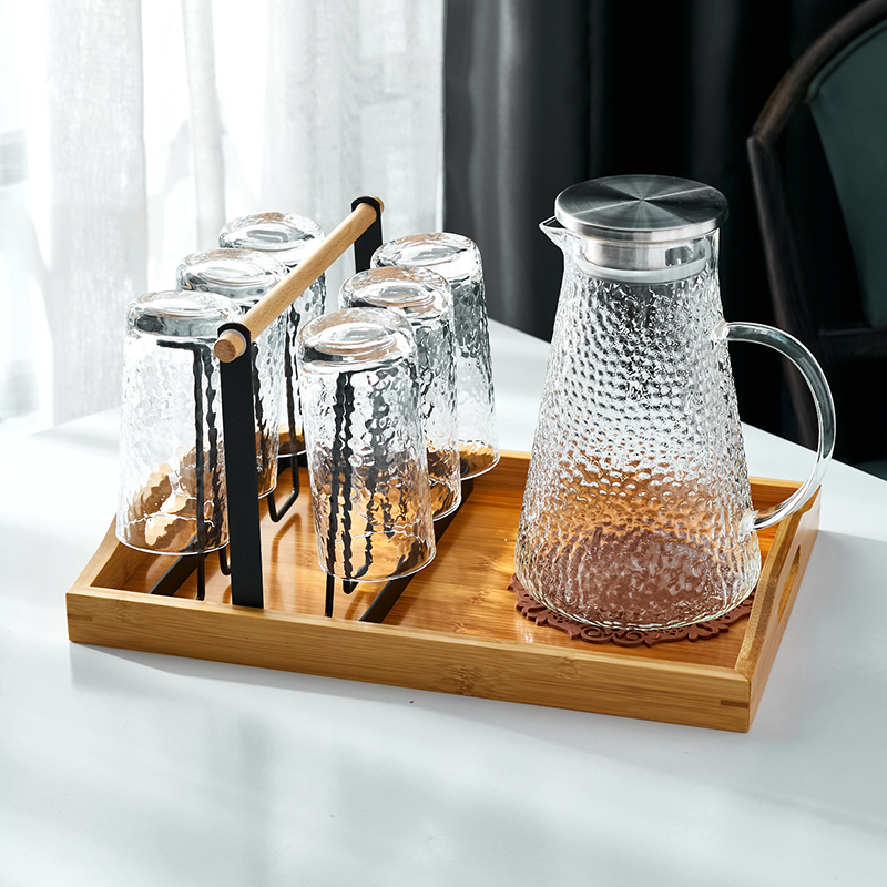 1 Steel Lid Pot, 1 Large Tray, 1 Black Cup Holder, 6 Transparent Cups & Pot Mat + Cup Brushhousehold Glass water set suit Simplicity Northern Europe pot  heat-resisting Hammer pattern flower receptacle 6 Only install With tray Cup holder
