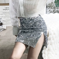 Sexy bạc sáng bóng sequin eo cao váy mở váy thời trang hoang dã túi hip hip váy nữ mùa xuân và mùa hè - Váy chân váy len bút chì