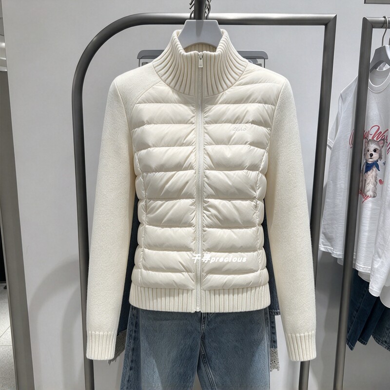 Ur&Dc Women's Autumn and Winter New Style Oatmeal Gray Patchwork Ribbed Collar Quilted Waist-Cinching down Jacket Ins