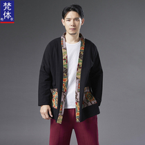 Chinese windy youth Buddhist sweatshirt blouses national wind printing spring and autumn season thin coats Zen cotton numb dawns outclothed
