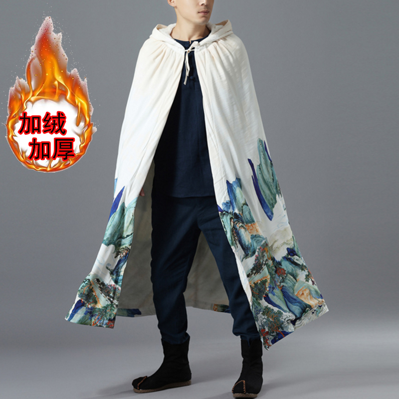 Chinese style landscape painting Hanfu cloak jacket men's winter mid-length version plus velvet thickened hooded windbreaker men's cloak