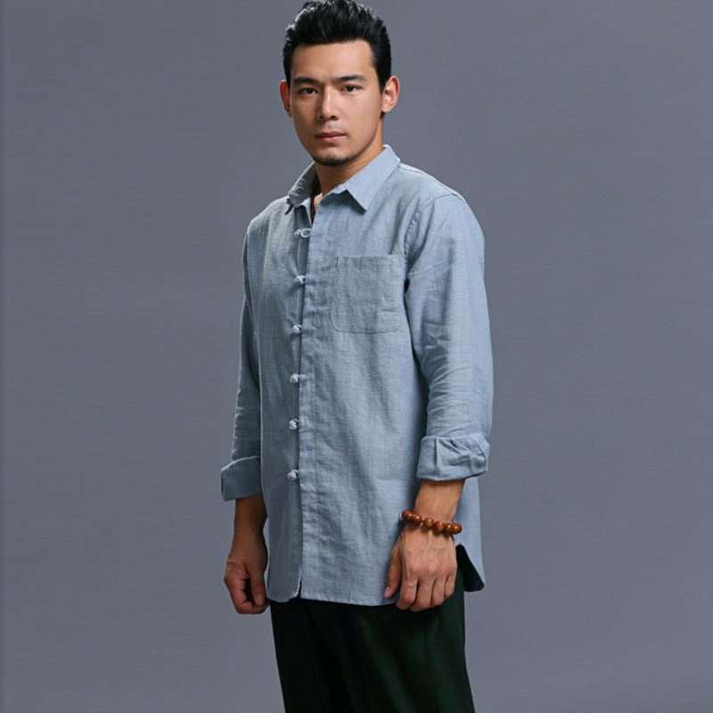 Chinese style men's retro linen casual shirt loose Tang suit plate button top Zen tea long sleeve square collar shirt men