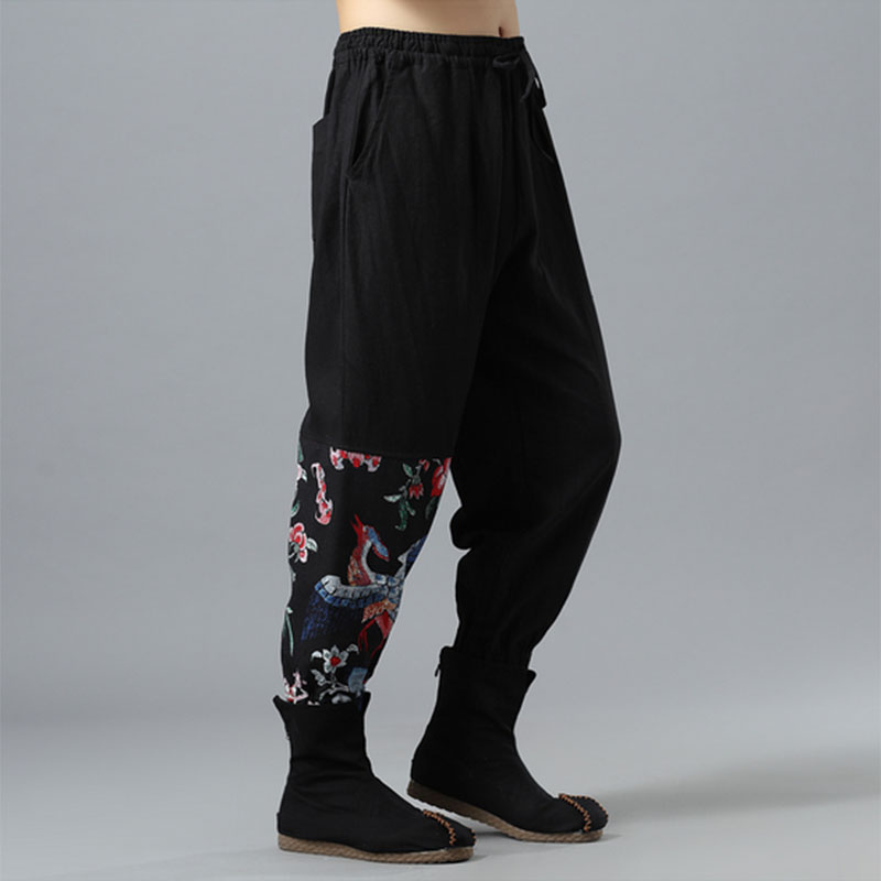 China Wind Flax Long Pants Men Printed Loose Casual Narrow-Footed Pants Fall Hallen Sports Pants Closed Swepants