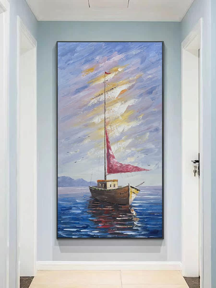 Corridor aisle decorative painting landscape three-dimensional pure hand-painted oil painting vertical version entry porch hanging painting abstract smooth sailing