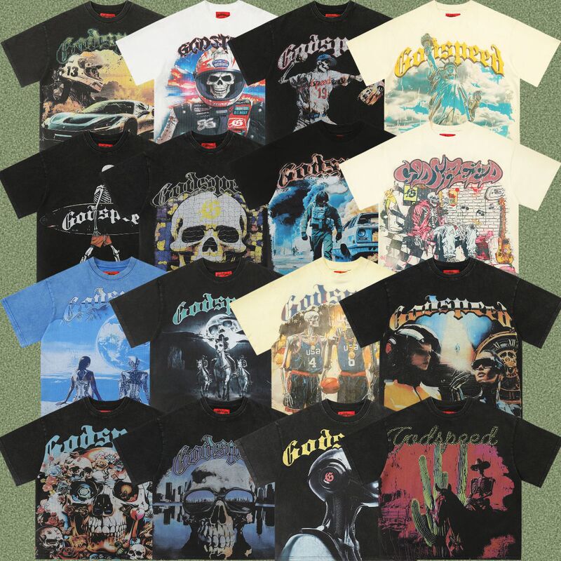 [Correct Print] Godspeed Heavy Industry Washed American Street Style Trendy T-Shirt Boxy Hip-Hop Short Sleeve