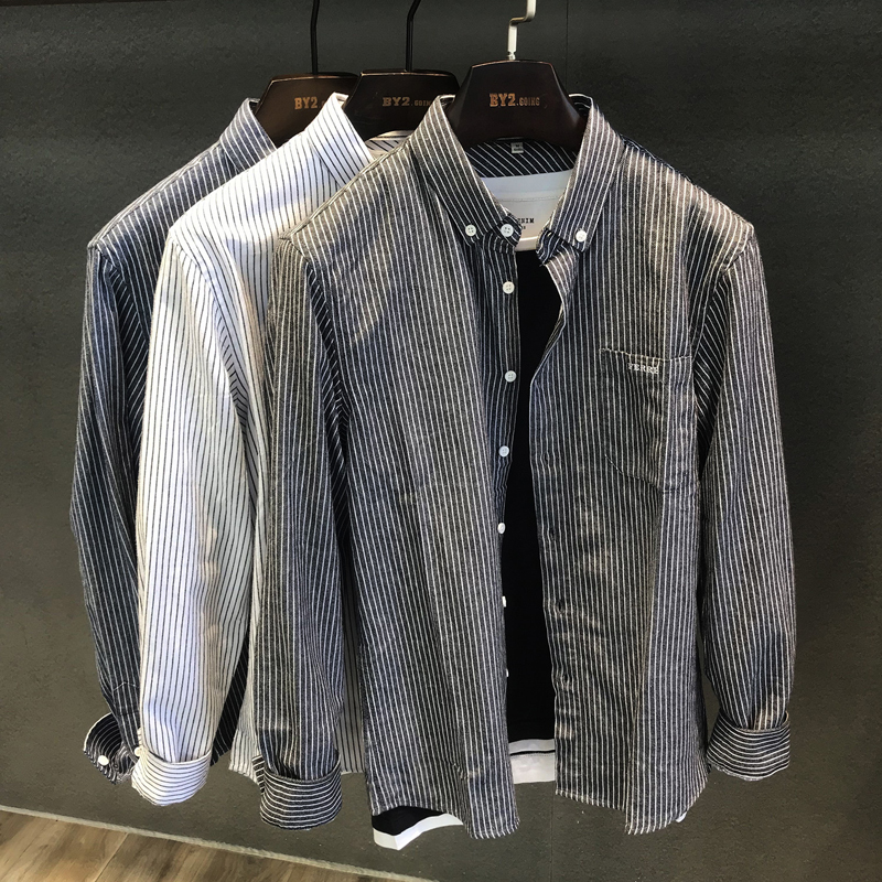 Hong Kong taste spring and autumn black striped long-sleeved shirt men's slim Korean version of the trend 2021 spring shirt men's inch shirt