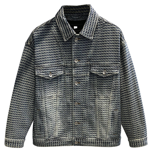 French niche retro jacquard craft washed denim jacket for men 2024 new loose workwear jacket for men