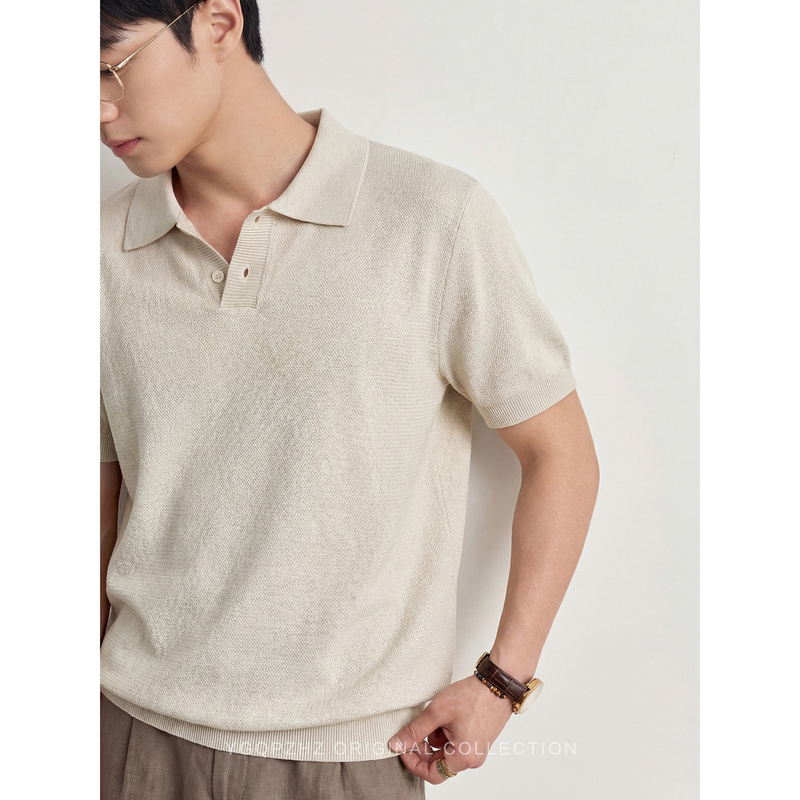 Natural Fiber Linen Blend Old Money Style Knitted Short-Sleeved Polo Shirt for Men 2026 Spring and Summer Casual Lapel T-Shirt