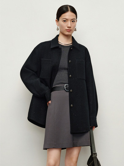 玖姿安娜蔻Bling亮片毛呢羊毛落肩宽松衬衫式外套女2024秋季