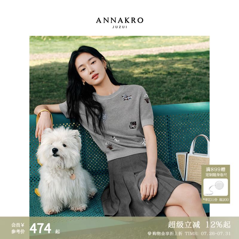 【Cute】Jiu Zi Anna Co English Country Style Pet Jacquard Short-Sleeve Knit Top for Women 2026 Summer New Collection
