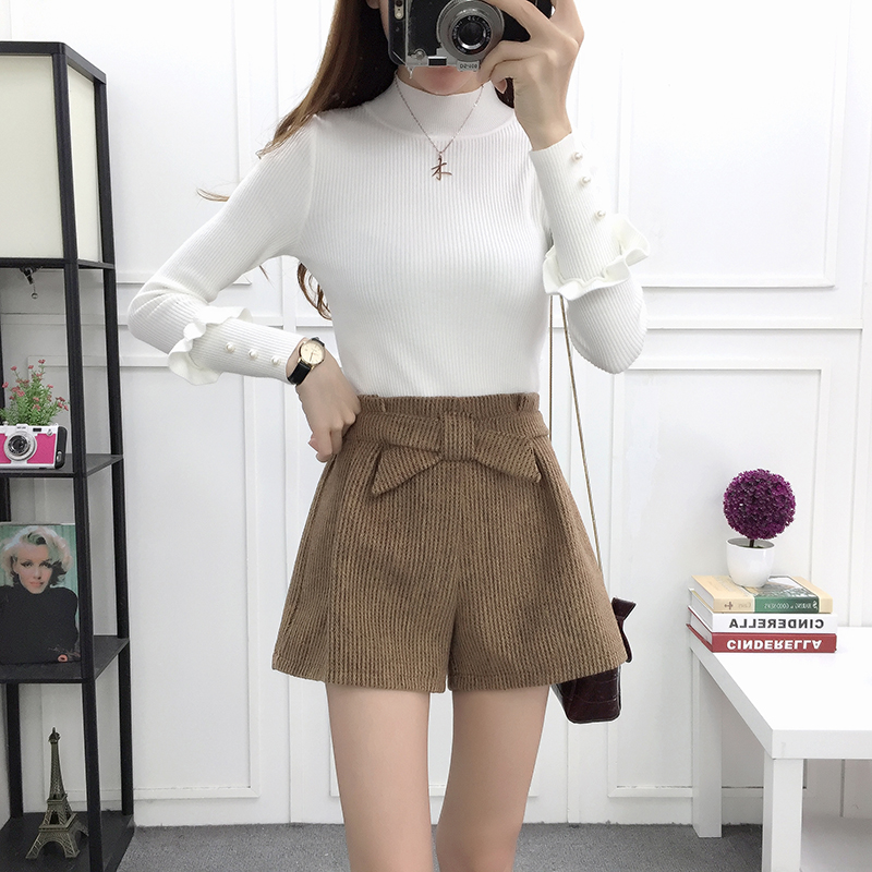 Quần short len ​​nữ mùa thu đông 2018 mới hoang dã thun cao eo mặc quần ống rộng ống rộng quần rộng cho học sinh quần short jean nữ cạp cao