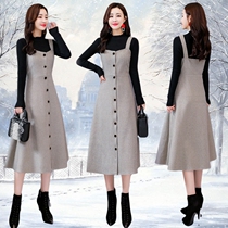  Vest strap long skirt womens two-piece autumn and winter new 2019 fashion popular woolen suspender dress two-piece