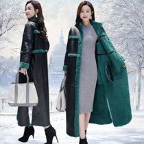  Autumn and winter fur one-piece coat female long over-the-knee winter Haining plus velvet thickened PU cotton coat extended leather jacket