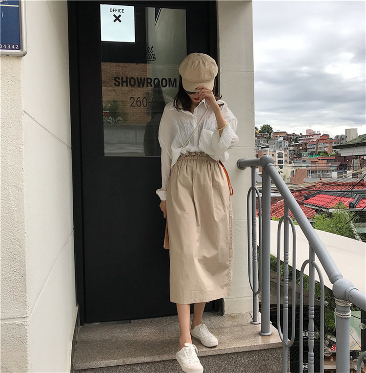 Phụ nữ đầu mùa thu mới lỏng lỏng xếp li áo sơ mi mỏng + đàn hồi eo dài kaki váy bộ đầm ngủ nữ