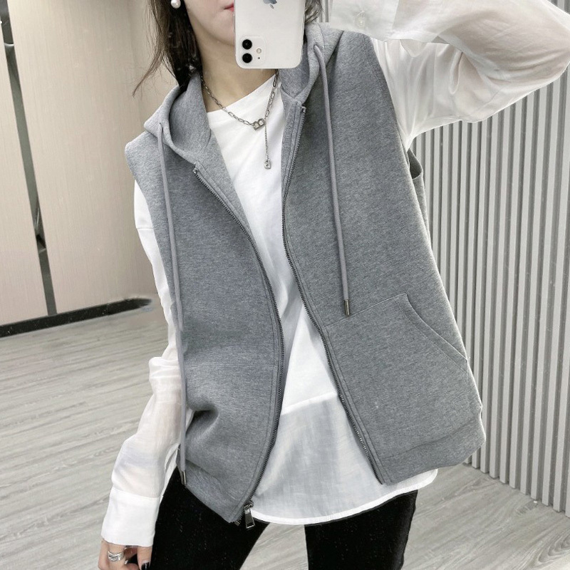European Style Sleeveless Hooded Sweatshirt Vest for Women 2026 Spring and Autumn New Trendy Fashion Casual Vest Jacket
