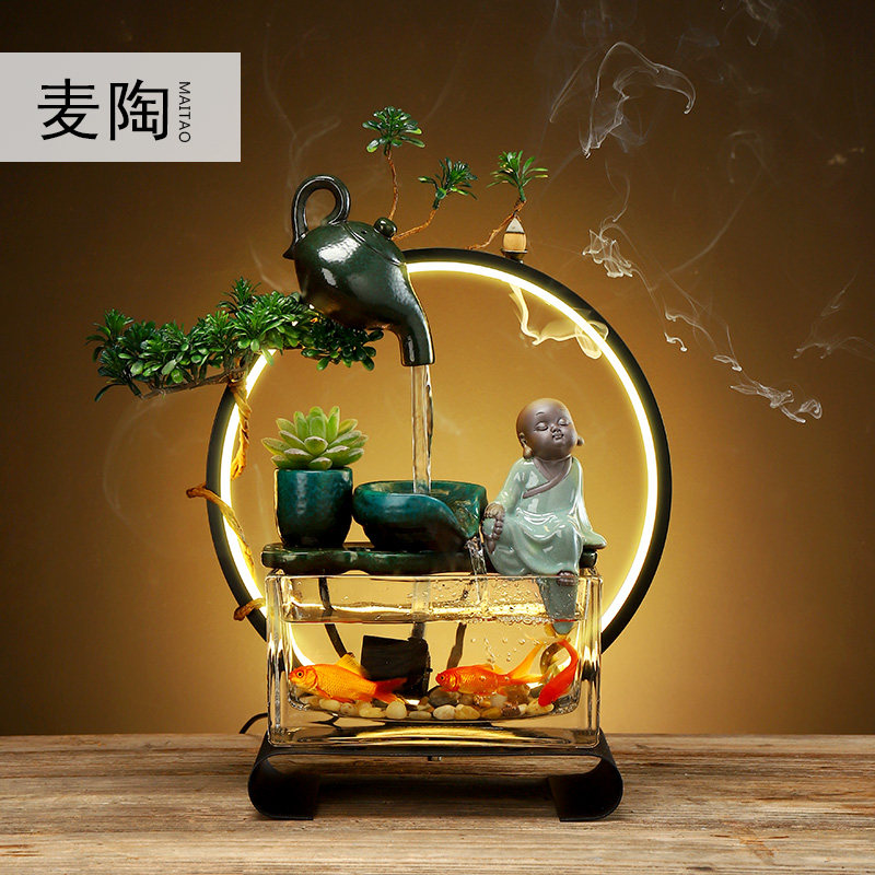 Circular ecological fish tank lucky transfer living room desktop small gift landscaping glass running water fish tank decoration submerged