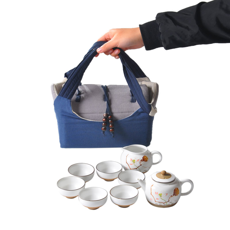 Portable travel jingdezhen hand - made MaiTao cotton and linen cloth kung fu tea set a pot of six cup receive bag crack cup