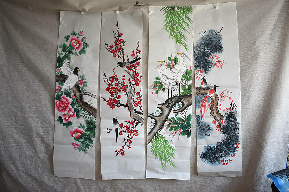 Meiqi Painting Academy Four Screens 140*35 Landscape Plum, Orchid, Bamboo and Chrysanthemum Characters Pure Hand-painted Chinese Painting Gallery Painting Plum, Orchid, Bamboo and Chrysanthemum