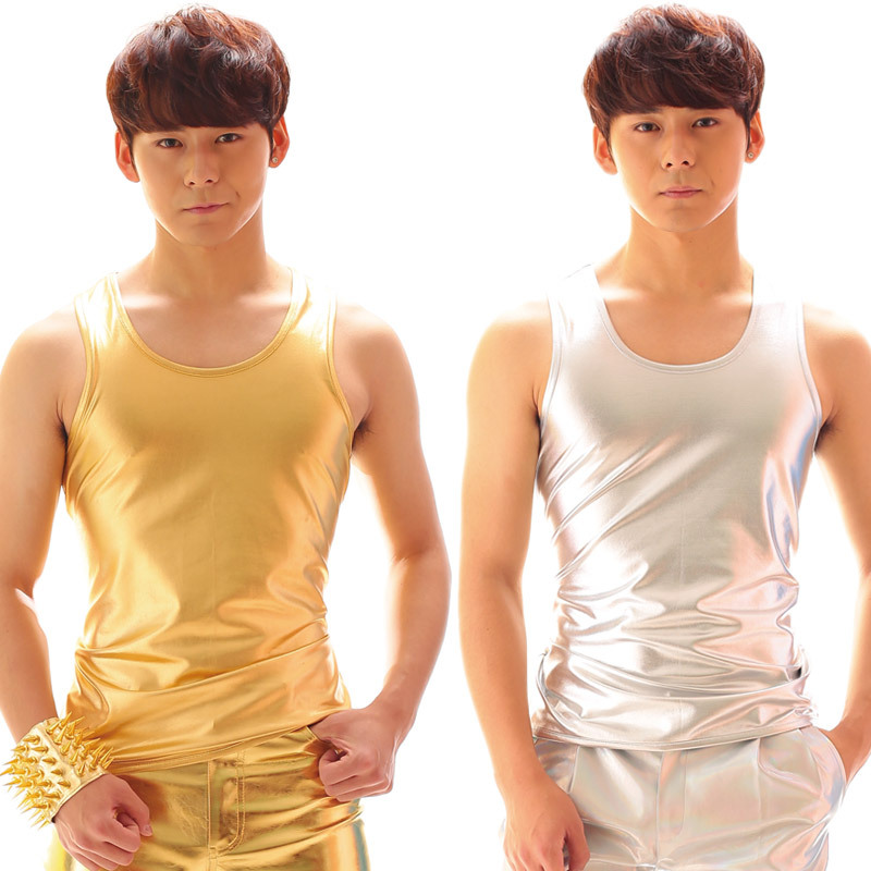 Hair Stylist Performance Clothing Base Shirt Singer Performance Outfit Gold and Silver Personalized Tight-Fitting Elastic Slim Sequin Vest for Men