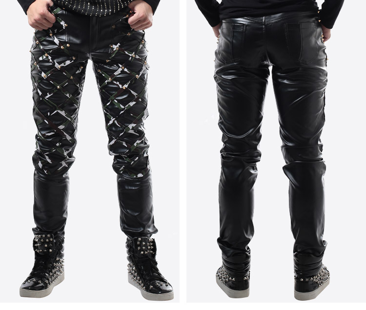 Quần áo rock DS Slim punk quần hộp đêm quán bar DJ trang phục nam ca sĩ thay thế ngụy trang quần da đinh tán - Quần da quần đùi nam