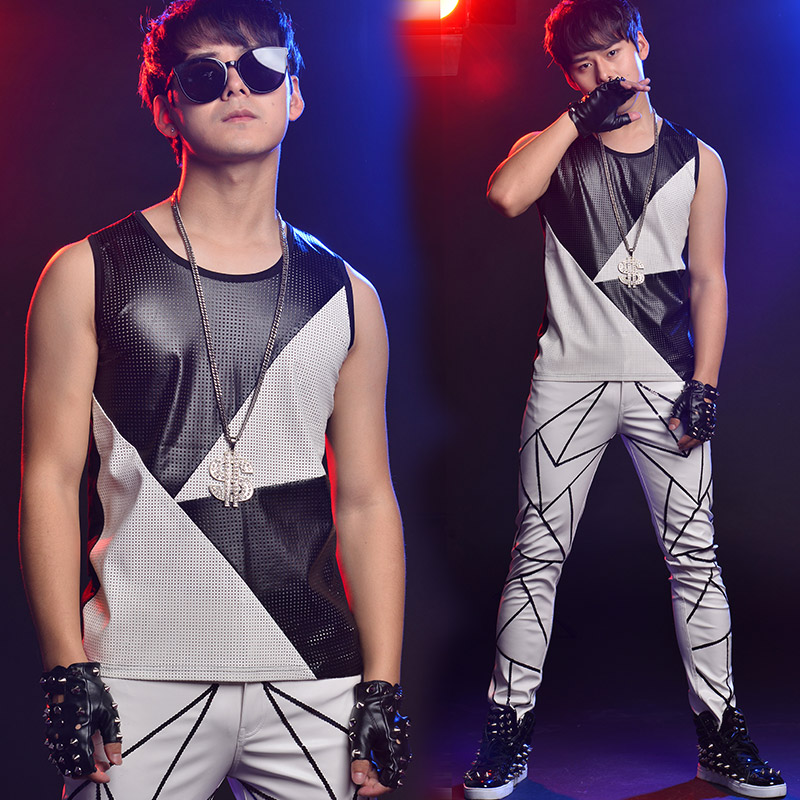 Bar Nightclub Tide male singer performing clothes custom black and white splicing punched porous vest