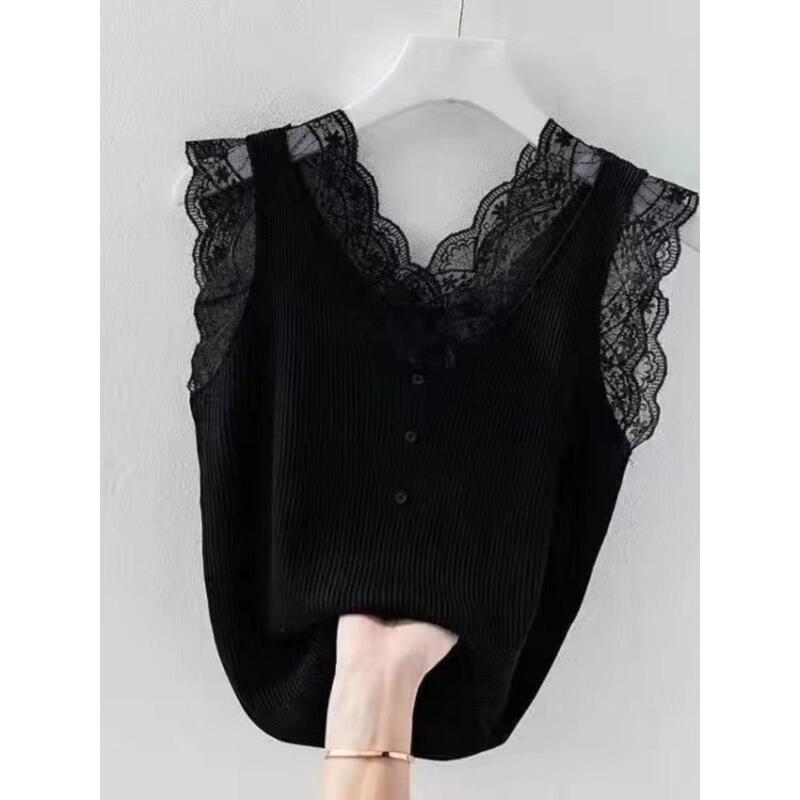 Plus Size Sexy Lace Camisole for Women, Summer Inner Wear or Outer Wear, V-Neck Base Shirt, Ice Silk Sleeveless Top for Plus-Size Women