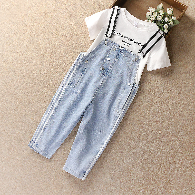 Girl Cowboy Cuddling Bag Pants Suit CUHK Children's Dress Foreign Pie Casual Girl Students Seven-Pants Summer Clothing Two Sets Thin