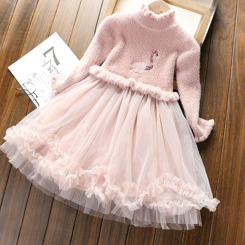 Girls winter dress plus velvet thickened princess skirt children's suit mink fleece sweater skirt flamingo mesh skirt