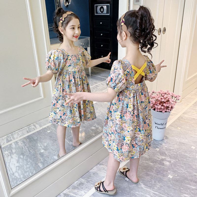 Bala bala girls dress summer 2022 new Korean version of the Western style children's puff sleeves short-sleeved floral skirt