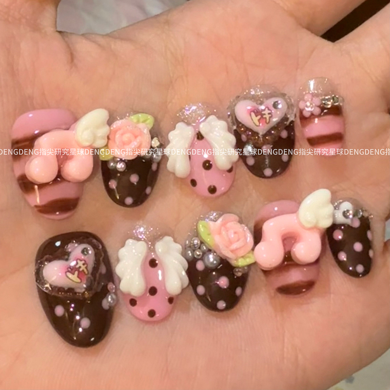 Vintage Cake Polka Dot Cute Japanese Style 3D Handmade Wearable Nail Art Stickers Short Style Student Pink Vintage Cake Polka Dot Cute Japanese Style 3D Handmade Wearable Nail Art Stickers Short Style Student Pink