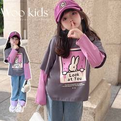 Children's Clothing Girls Fake Two-Piece T-Shirts Spring and Autum 2025 Autum K-Style Medium and Large Children's Girls Fashionable Versatile Tops Trendy