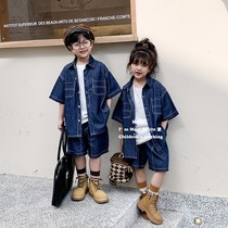 Street-friendly parent-child outfits for a family of three loose western-style denim suits for boys and girls shorts mother-child outfits summer style