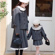 Temperament gray parent-child outfit with bow knot woolen skirt thickened suit pleated skirt lace edge mother-daughter outfit autumn and winter