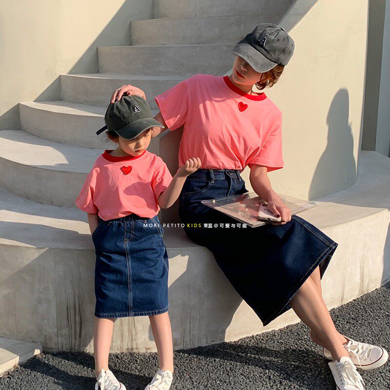 Korean Boy Dress Loving Super-Pure Cotton Foreign Pie Mother Woman Dress in Summer Costume Slim Fit Slim Fit short sleeve T-shirt