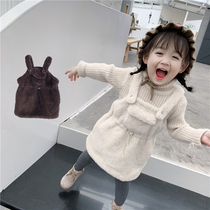 Girls plus velvet dress Princess skirt Korean version of hairy girl girl strap skirt thickened warm baby vest dress winter