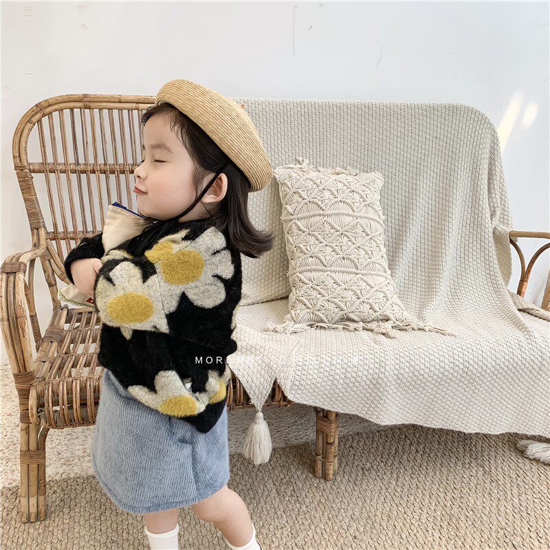 Girls Feret Sweater Retro Flowers Children's Sweater 2023 New Fall Winter Han Edition Han